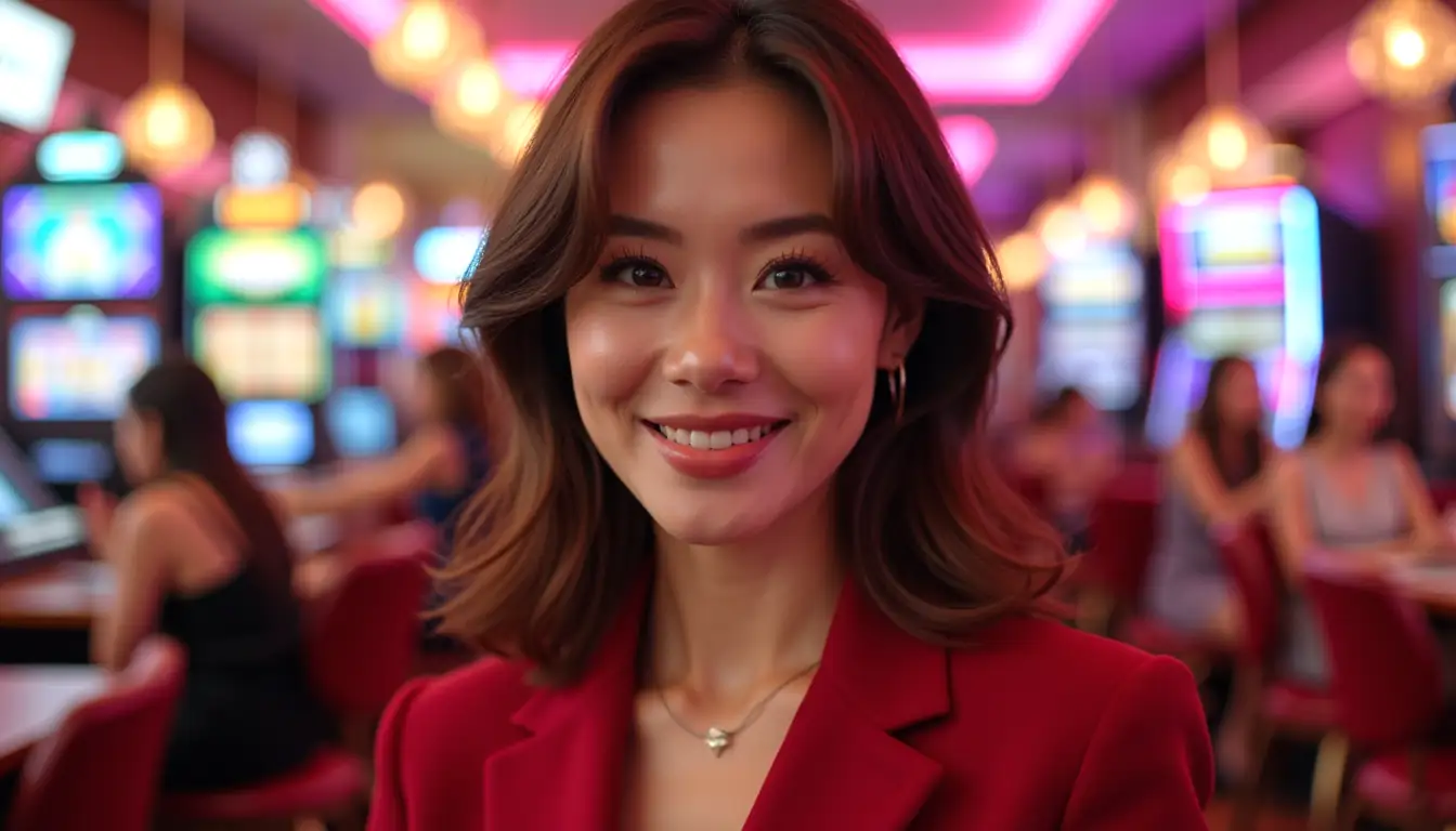 Smiling woman in candy-style casino ambience, colourful slot lights in background