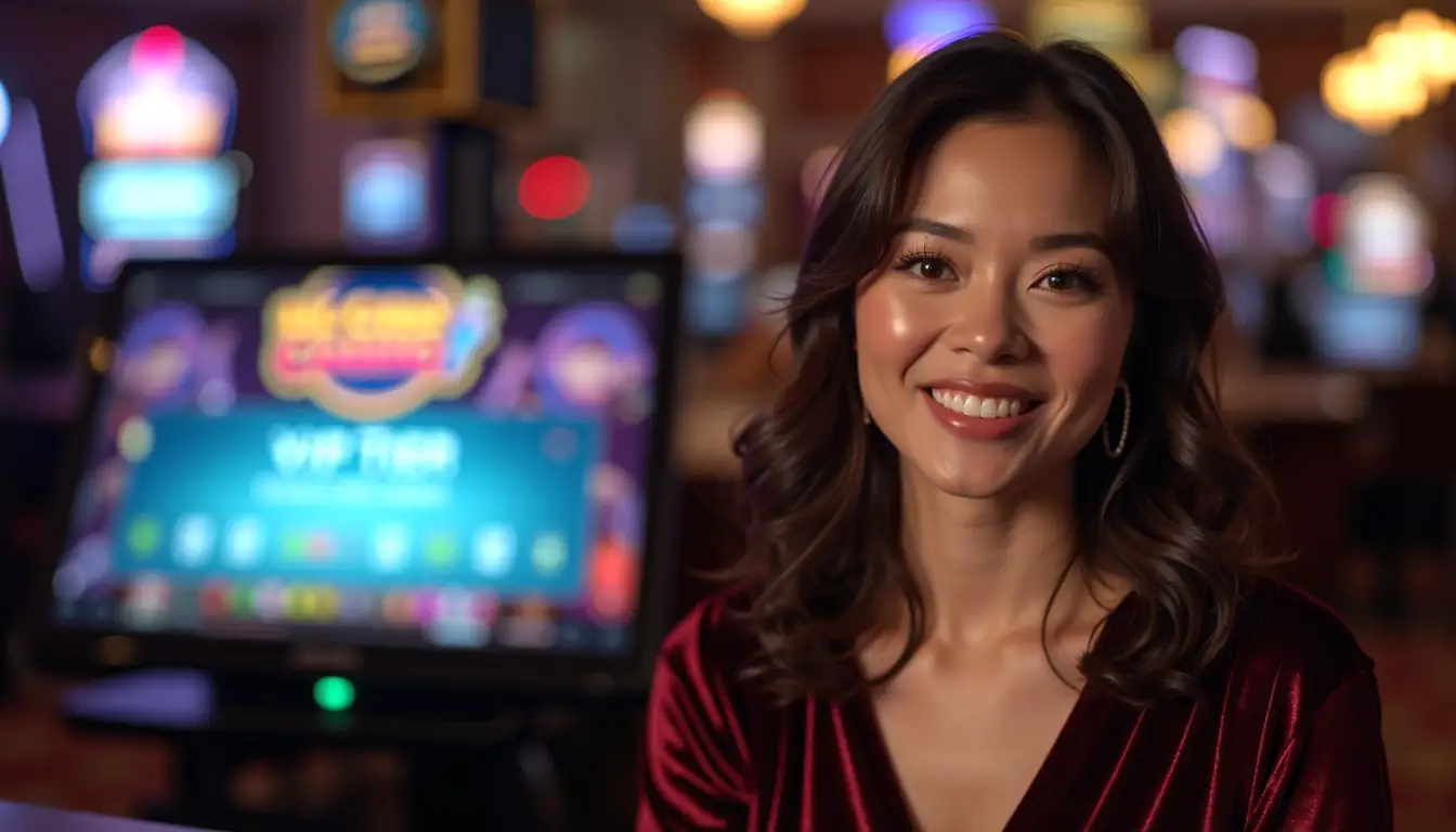 Smiling woman in VIP-style online casino atmosphere, luxury lounge setting